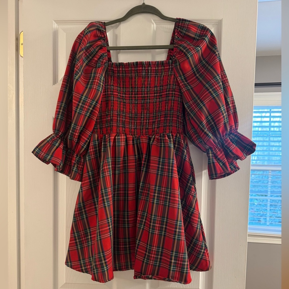 Red tartan plaid smocked mini dress